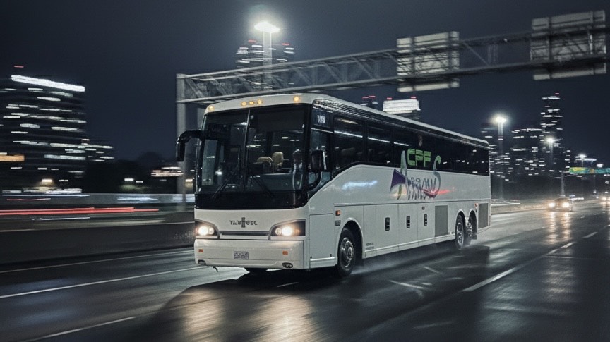 CPF Arrows motorcoach on a night highway.