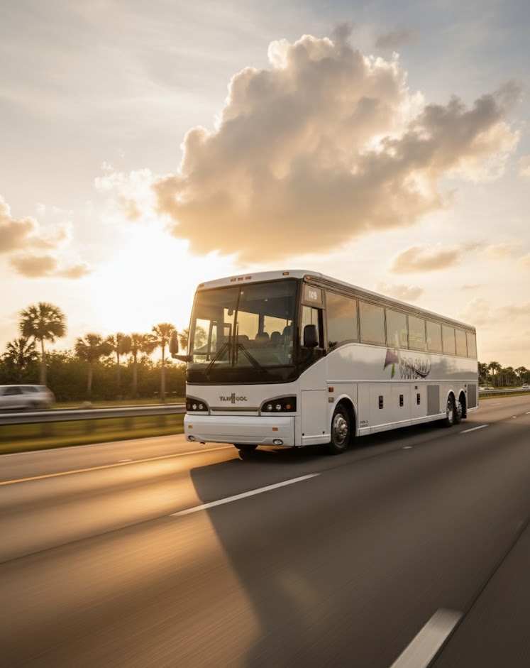 CPF Arrows motorcoach on a sunset road.