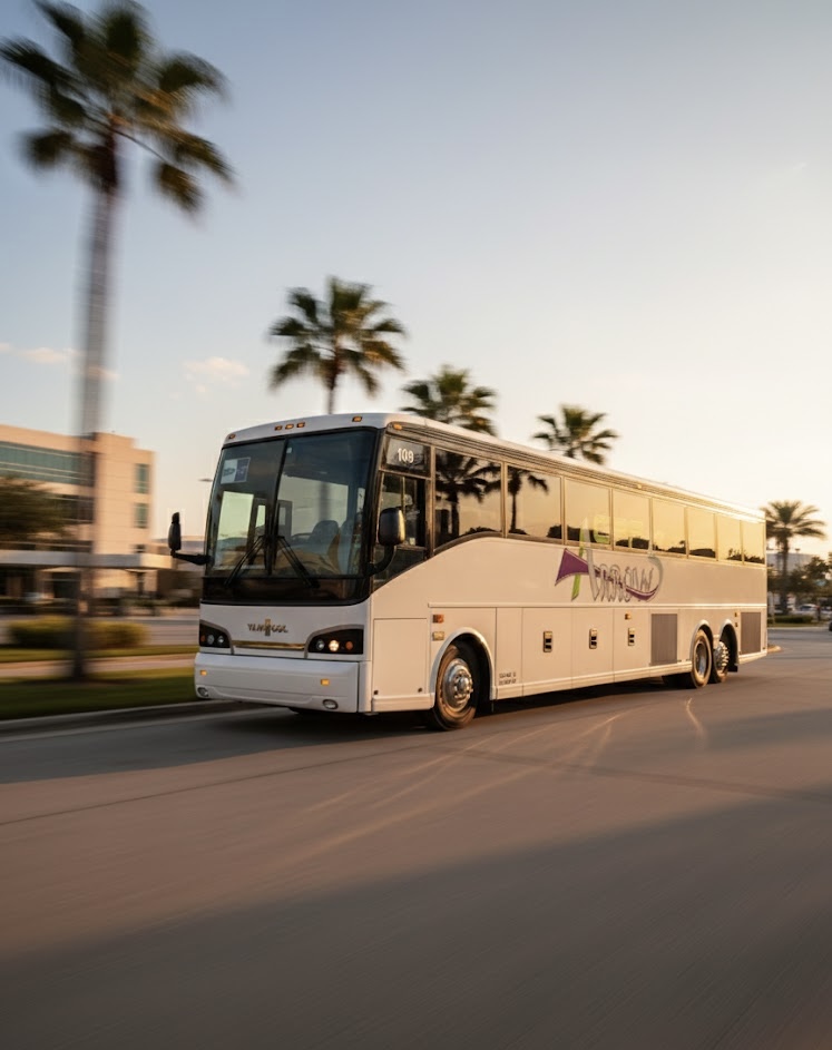 CPF Arrows motorcoach driving by palm trees in Orlando.