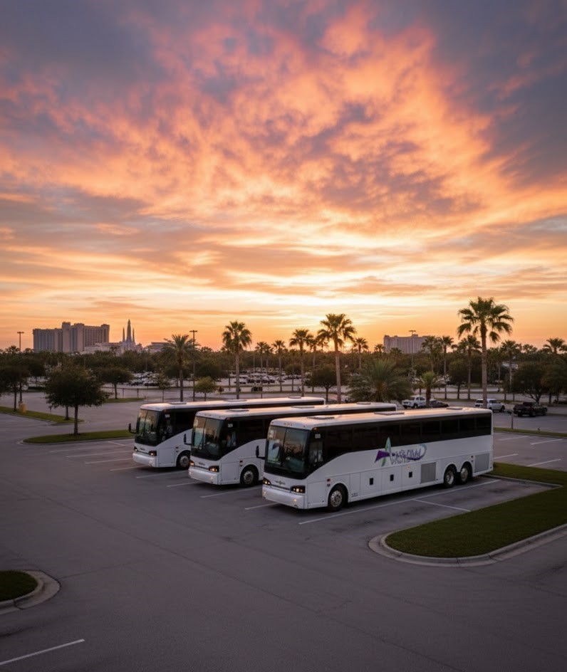 CPF Arrows buses parked together at sunset.